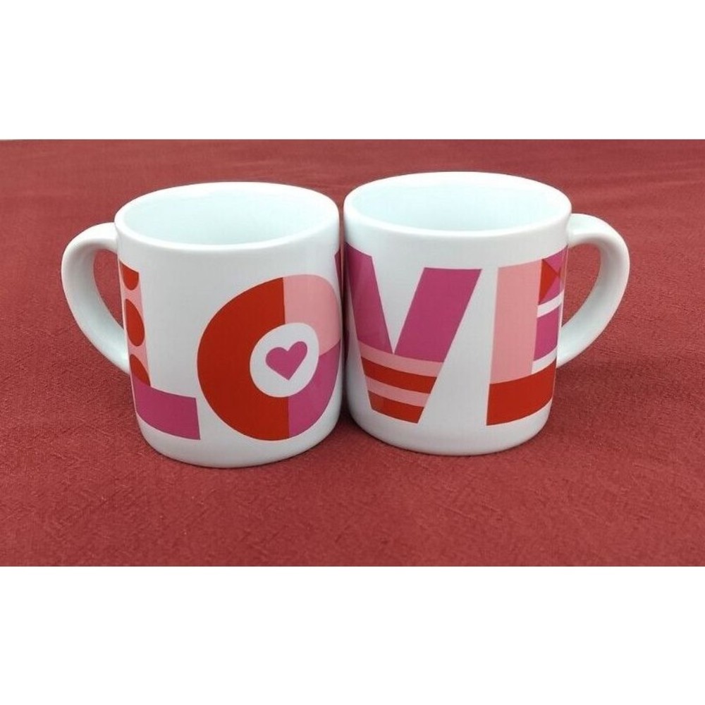 Crate & Barrel LOVE HEART MUGS 3" White Coffee Cups w/ Red & Pink Set of 2